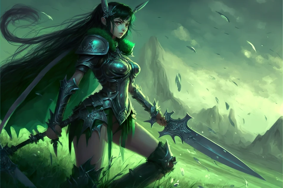 Fantasy Anime Girl Warrior Green Field 1