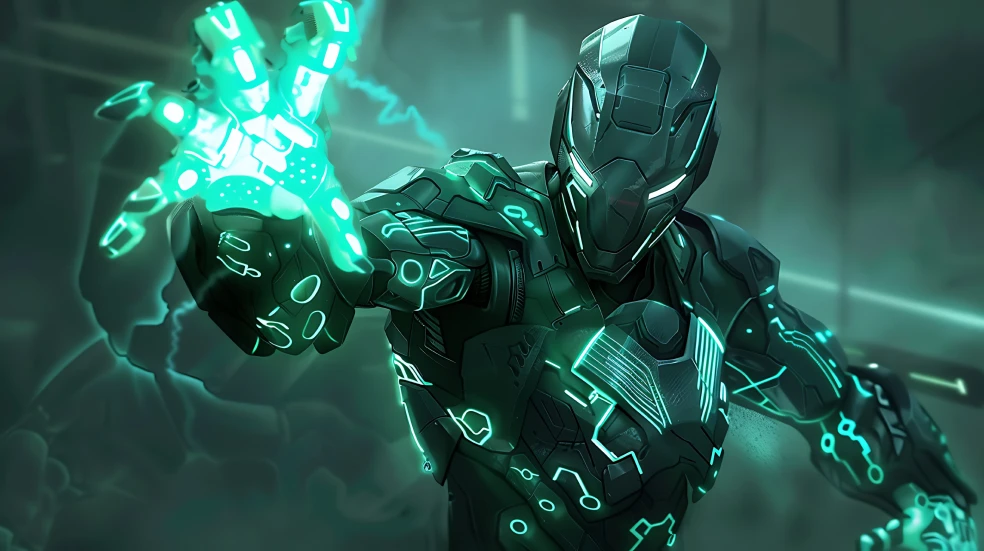 Futuristic Soldier Wearing Helmet Body Armor With Green Glowing Elements 1